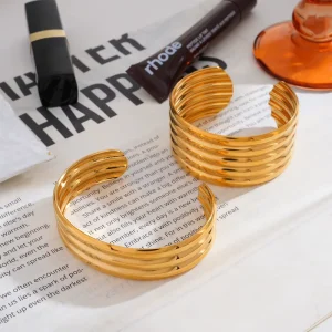 18K PVD Gold Plated 3 and 5 Layer Cambered Open Bangles for Women Waterproof Stainless Steel Jewelry Gift