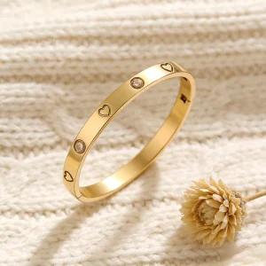18K PVD Gold Plated Stainless Steel 6mm Heart CZ Bangle Bracelet Waterproof Non Tarnish Womens Jewelry