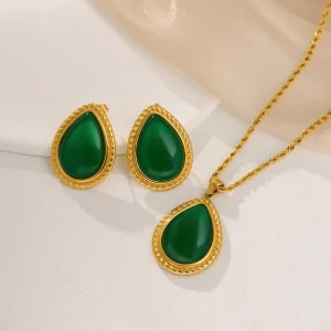 18K PVD Gold Plated Stainless Steel Gemstone Earrings and Choker Necklace Set for Women