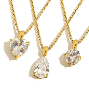 18K PVD Gold Plated Stainless Steel Heart Water Drop Zircon Necklace Minimalist Dainty Waterproof Non Tarnish Jewelry for Women