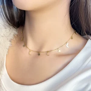 18K PVD Gold Plated Stainless Steel Necklace Moon Star Tassel Lip Chain Pendant Trendy Fashion Jewelry for Women