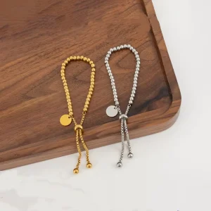 18K PVD Gold Plated Stainless Steel with a Round Charm Stainless Steel Adjustable Fashion Beaded Bracelet Unisex