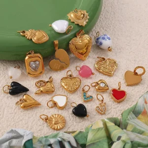 18K PVD Gold Stainless Steel Heart Charms Enamel Pearl Zircon Inlaid Vintage Love Heart Pendant for DIY Bracelet Necklace Bag