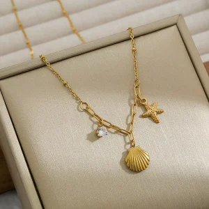 18K PVD Gold Stainless Steel Starfish Seashell Crystal Pendant Necklace for Women Non Tarnish Beach Ocean Charm Jewelry Set