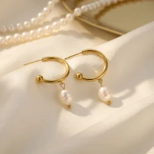 18K PVD Gold Stainless Steel Vintage French Style Baroque Pearl Half Hoop Earrings Chic Elegant Jewelry for Women