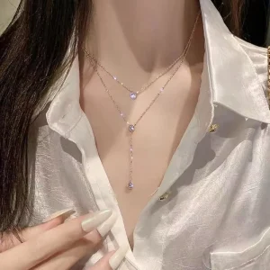 18K PVD Gold Stainless Steel Y Shaped Dainty Chain Double Layer Shiny Cubic Zirconia Lariat Necklaces