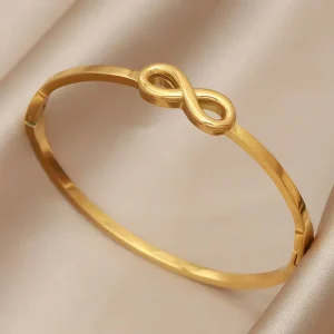 18K PVD Plated 316L Stainless Steel Infinity Symbol Bangle Tarnish Free Waterproof Hinged Cuff Bracelet for Women