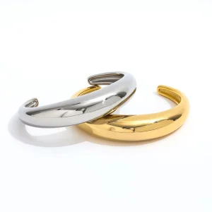 18K PVD Plated No Fade Simple Smooth Crescent C Shaped Cuff Bracelet for Women Stainless Steel Jewelry
