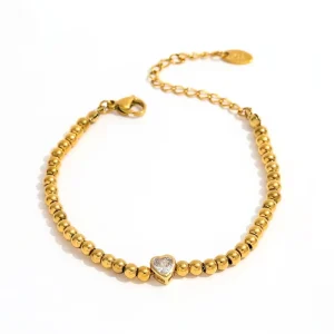 18K PVD Plated Waterproof Fashion Beads Chain Heart Zircon Two Tone Stainless Steel Bracelet for Women Gift