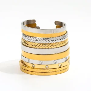 18K PVD Plated Waterproof Smooth Zirconia Herringbone Cuff Stainless Steel Bracelet for Women