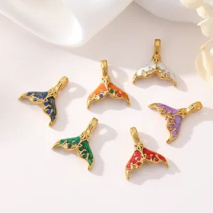 18K PVD Stainless Steel Colorful Enamel Zircon Fish Tail Pendant Ocean Style Mermaid Tail Charm DIY Jewelry Making Accessories