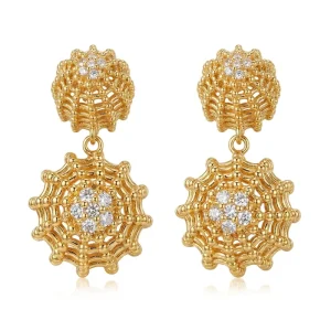 18K Real Gold Plated 3D Hollow Mesh Ball Drop Earrings CZ Inlay Spherical Dangle Luxury Jewelry for Women Vintage Party