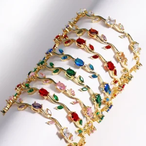 18K Real Gold Plated Brass Multi Color Leaf CZ Trendy Tennis Bracelet Set Wavy Chain Bracelets With Assorted Gemstones