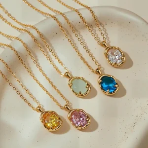18K Real Gold Plated Brass Oval Zircon Pendant Necklace Multicolor CZ Stone Bamboo Chain Women Clavicle Jewelry Gift