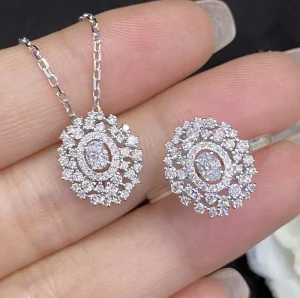 18K Solid Gold Diamond Jewelry Set Snowflake Charm Necklace Diamond Cluster Oval Snowflake Engagement Ring