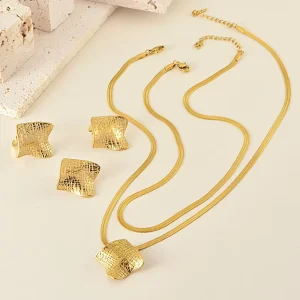 18K Stainless Steel Gold Plated Non Tarnish Custom Classic Square Shape Necklace Earrings Jewelry Set for Women Engagement