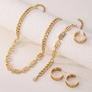 18K Stainless Steel Long Wall-Pattern Cuban Chain Necklace, Bracelet, Earrings and Matching Ring Set for Women
