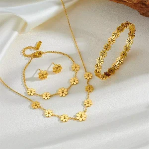 18K Stainless Steel Real Gold Plated Flower Multi chrysanthemum Daisy Earrings Necklace Anklet Bracelet Set for Women