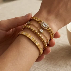 18K Stainless Steel with Shiny Rhinestones Bracelets for Women Trendy Female Waterproof Fashion Jewelry Accessories on Hand Gift