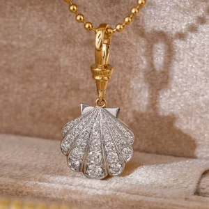 18K Two Tone Yellow Gold Platinum IGI Certified Lab Grown Diamond Shell Bead Open Clasp Vintage Pendant Necklace