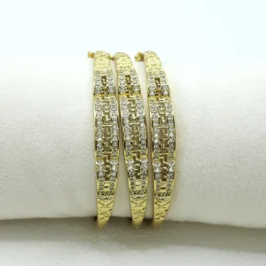 18k Gold Bangle Geometric Fretwork Bracelet with Pave Stone Edge for Party Wear