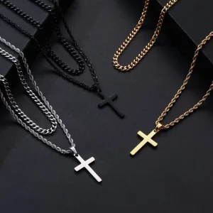 18k Gold Men’s Stainless Steel Cross Necklace Multi-layer Stacking Pendant Necklace Hip Hop Pendant Jewelry