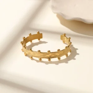 18k Gold Plated 316L Stainless Steel Open Cuff Bead Bangle Bracelet Waterproof Hypoallergenic Wedding