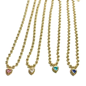 18k Gold Plated Beads Chain Necklace with Colorful Crystal Heart Pendant for Women