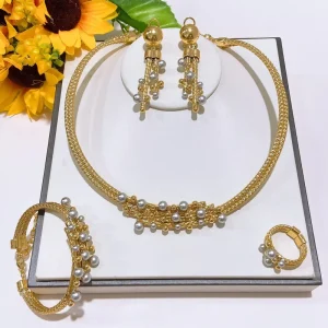 18k Gold Plated Big Jewelry Set Pearl Bridal Set Necklace Earrings Bangle Ring