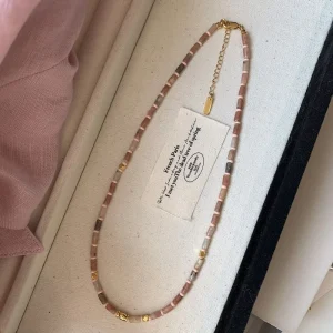 18k Gold Plated Brass Natural Stone Pink Bead Necklace Stackable Women’s Jewelry