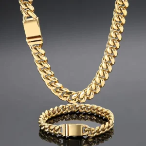 18k Gold Plated Jewelry Stainless Steel Cuban Customizable Logo Four Sided Grinding Clasp Necklace