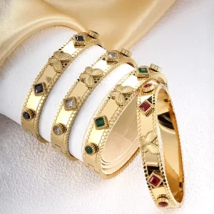 18k Gold Plated Sparkling Accessories Women Delicate Zircon Stainless Steel Chic Trendy Geometric Cuff Bracelet for Party
