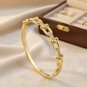 18k Gold Plated Stackable Bangle Bracelet for Women Crystal Inlaid Pin Clasp Design Luxury Fashion Jewelry