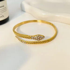 18k Gold Plated Stainless Steel 5a Zircon Snake Pattern Open Adjustable Bracelet Jewelry for Women