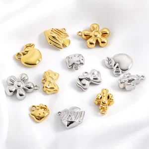 18k Gold Plated Stainless Steel Cute Cat and Fruit Apple Flower Charm for DIY Jewelry Making Necklace Accessory