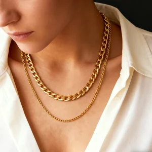 18k Gold Plated Stainless Steel Double Layer Cuban Link Chain Women’s Necklace Daily Life Accessory