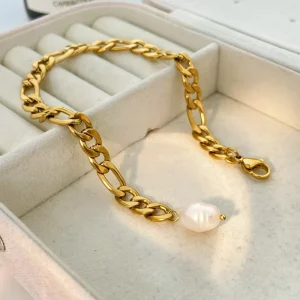18k Gold Plated Stainless Steel Figaro Chain Anklet with Freshwater Baroque Pearl for Women