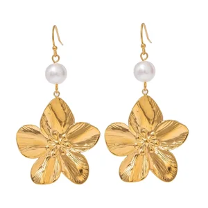 18k Gold Plated Stainless Steel Flower Drop Earring for Women Geometric Baroque Fresh Water Pearl Earrings