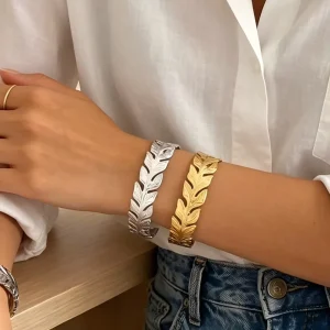 18k Gold Plated Stainless Steel Leaf Shaped Adjustable Open Waterproof Retro Personality Leaves Customized Bracelet Women Gift