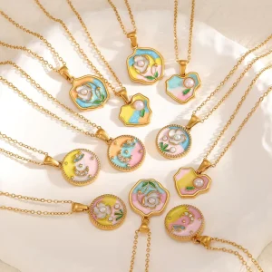 18k Gold Plated Stainless Steel Necklace Pearl Oil Painting Style Flower Collarbone Pendant Necklace