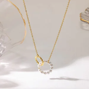 18k Gold Plated Stainless Steel Pearl Double-ring Pendant Necklace for Women