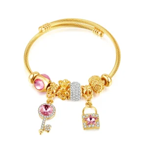 18k Gold Plated Stainless Steel Wire Cable Beaded Charm Bangle Bracelet Crystal Cz Tarnish Free Waterproof Jewelry Women