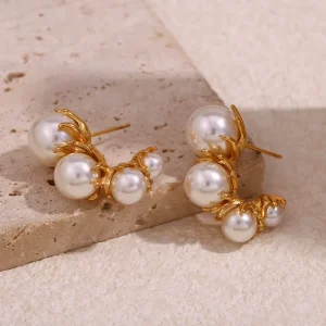 18k Gold Plated Unique Hypoallergenic Stainless Steel Jewelry 316l Rococo Flower Core Imitation Pearl Hoop Pearl C Earrings