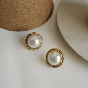 18k Gold Plated Vintage Pearl Earrings 925 Sterling Silver Big Imitation Pearl Stud Earrings