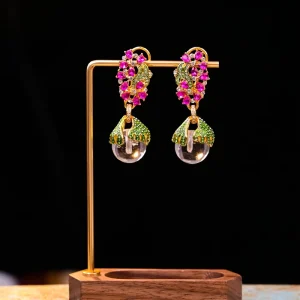 18k Gold Plated Vintage Style Earrings Multi Layered Flower Set with Colorful Diamonds Fashionable Light Luxury Elegant