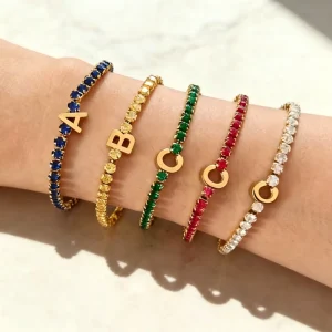 18k Gold Plated Waterproof Hypoallergenic Stainless Steel Tennis Initial Bracelet for Women Sparkle Zircon Jewelry