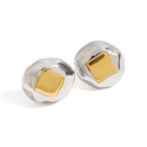 18k Gold Pvd Plated Stainless Steel Jewelry Two Tone Geometric Stud Earrings