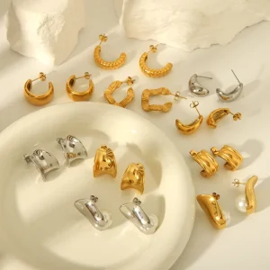 18k Gold Stainless Steel C-shaped Earrings Geometric Women’s Stud Jewelry Accessories Gift Non Tarnish Multi Design