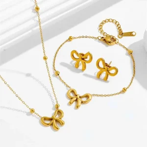 18k Gold Stainless Steel Fashion Hot Jewelry Set Bow Charm Pendant Necklace Stud Earrings Chain Beads Bracelet Anklet Sets