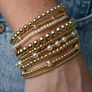 18k PVD Gold Plated Beaded Bracelet Stainless Steel Waterproof Aniti Tarnish Elastic Dainty Stackable Modern Jewelry For Women